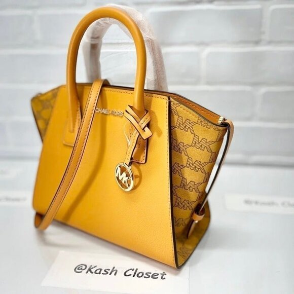 Michael Kors Satchel Avril Small Crossbody Bag MK Signature Honeycomb Yellow - Picture 2 of 11